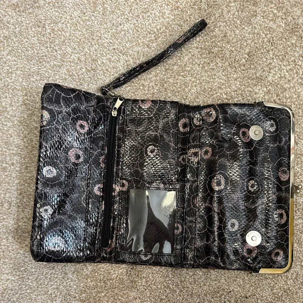 Floral Faux Snakeskin Black and Pink‎ Clutch Wristlet